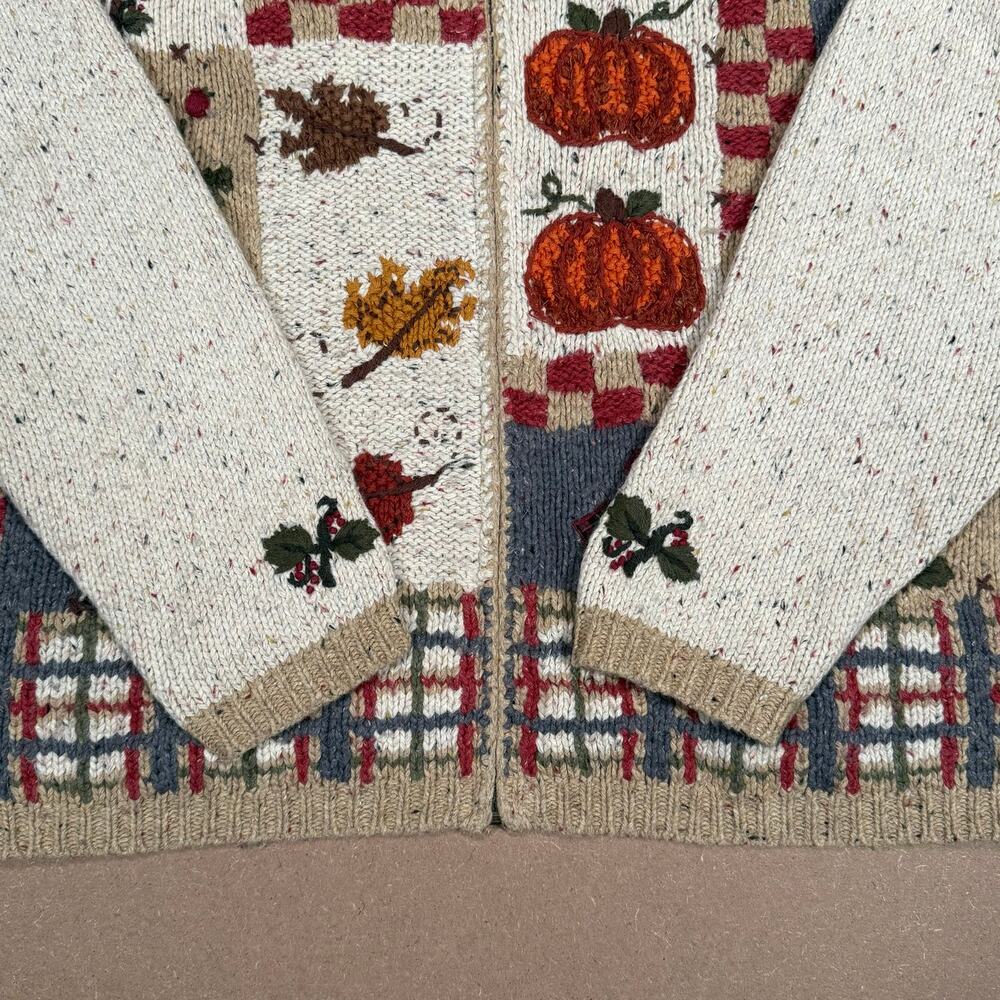 Vintage Autumn Harvest Patchwork Knit Zip Sweater Pumpkin Bird Cottagecore - Picture 6 of 8